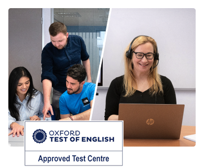 Clases híbridas en Seif Academy: Profesor Gavin asistiendo alumnos presenciales y profesora Rochele en virtual (izq/der). Sello Oxford Test English Approved Centre - Madrid.