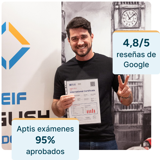 Hombre sonriendo, estudiante en las instalaciones modernas de la academia en Gran Vía 50, mirando a cámara con su certificado de aprobado del examen Aptis; se muestran textos que destacan una valoración de 4,8 sobre 5 en Google Reviews y una tasa de aprobado del 95 % en el Aptis