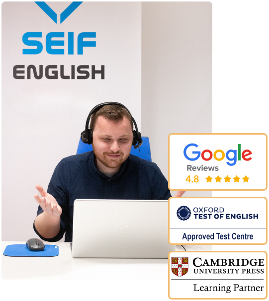 Profesor Gavin impartiendo clase online en Seif English Academy, Madrid. Sellos visibles: 4.8★ Google Reviews, Oxford Test English Approved Centre y Cambridge Learning Partner.