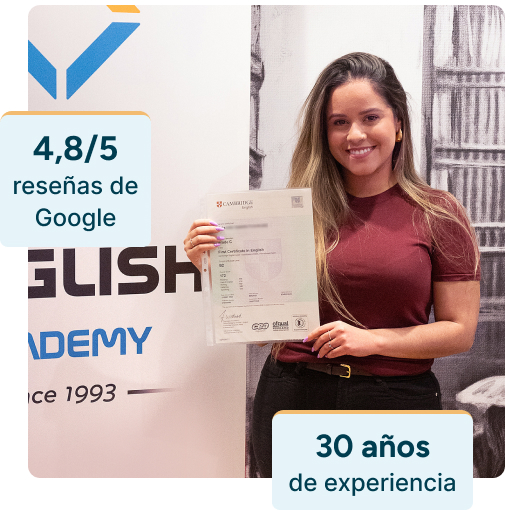Estudiante sonriente en las modernas instalaciones de la academia en Gran Vía 50, mirando a cámara y sosteniendo su certificado que demuestra haber aprobado un examen de Cambridge. Dos gráficos muestran que la academia tiene una valoración de 4.8 estrellas sobre 5 en Google Reviews y 30 años de experiencia enseñando inglés.