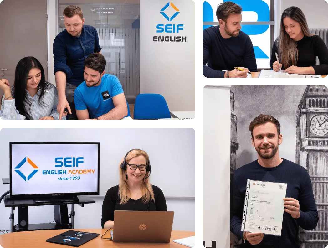 Varias fotos de alumnos estudiando presencialmente preparación de exámenes Cambridge en nuestra academia de inglés. Un alumno sonriente sostiene su nuevo título de C1 Advanced (CAE).