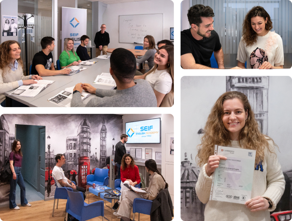 varias fotos de alumnos sonrientes y entretenidos participando en clase o esperando en recepción en nuestra academia de inglés en Madrid; una alumna posa con un título oficial sacado en nuestros cursos de preparación del First Certificate