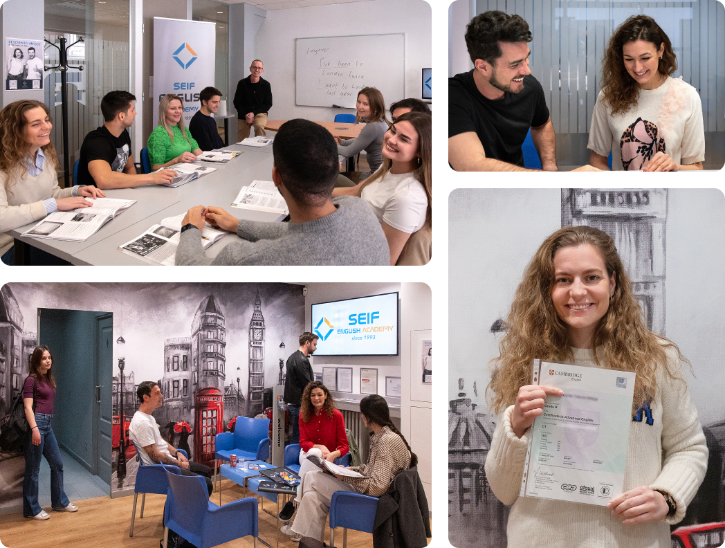 varias fotos de alumnos sonrientes y entretenidos participando en clase o esperando en recepción en nuestra academia de inglés en Madrid; una alumna posa con un título oficial sacado en nuestros cursos de preparación del First Certificate