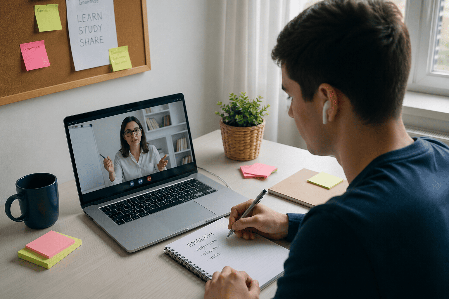 Alumno aprendiendo inglés online con profesor en directo desde casa